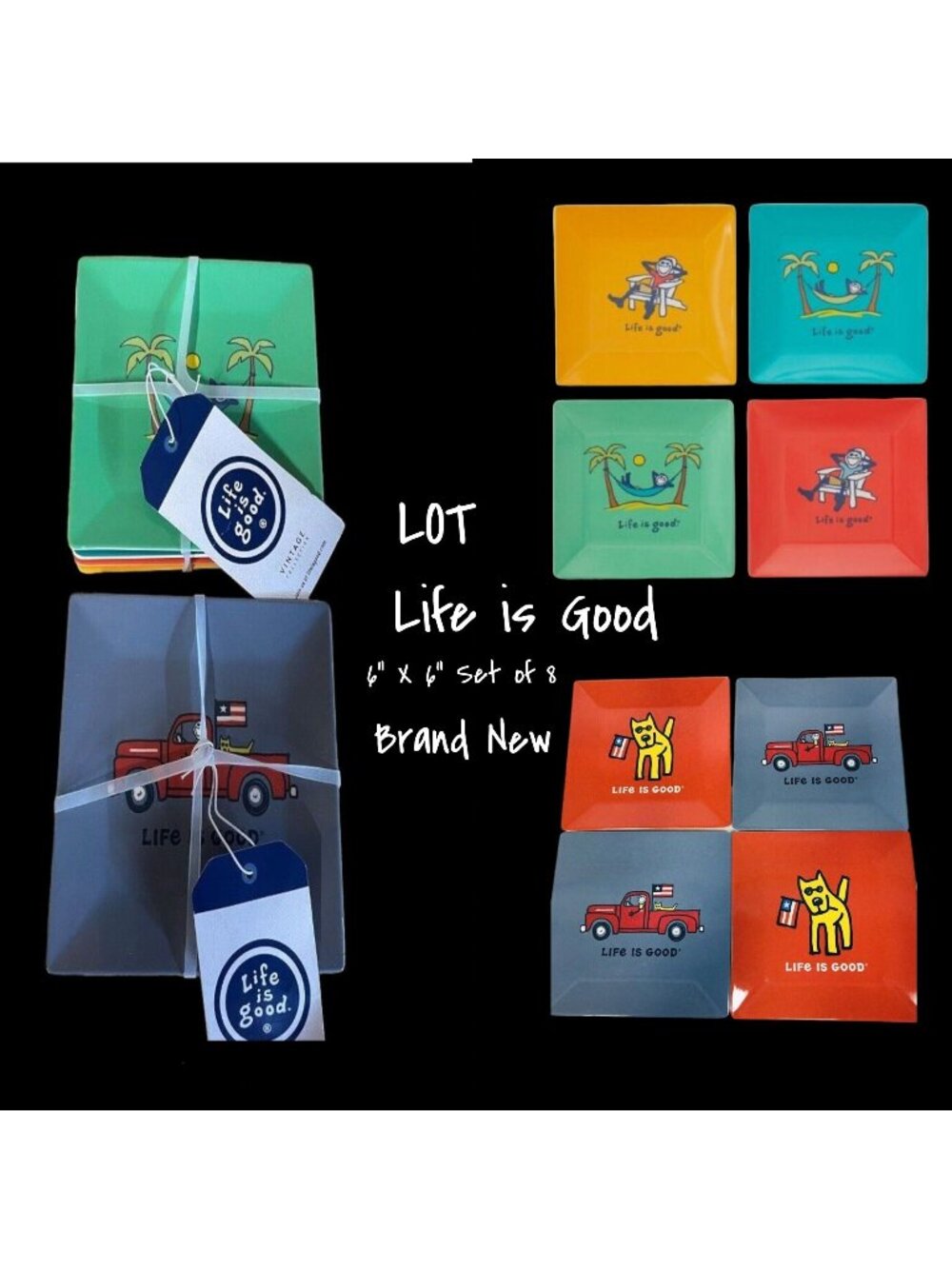 Life Is Good Melamine Square Plates Set of 8 - 6" x 6" - Brand New